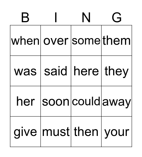 Kindergarten Sight Words Bingo Card