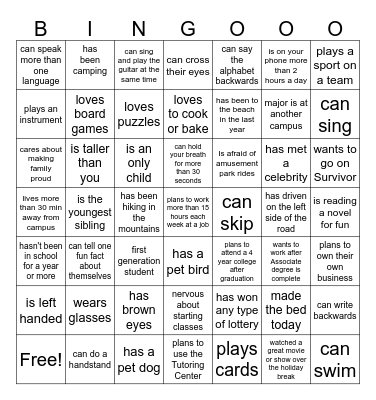 SSC100 Human Bingo Card