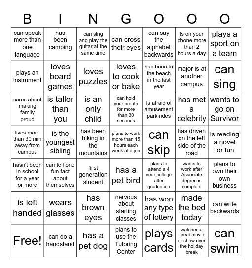 SSC100 Human Bingo Card