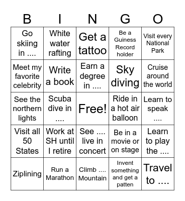 My Bucket List Bingo Card
