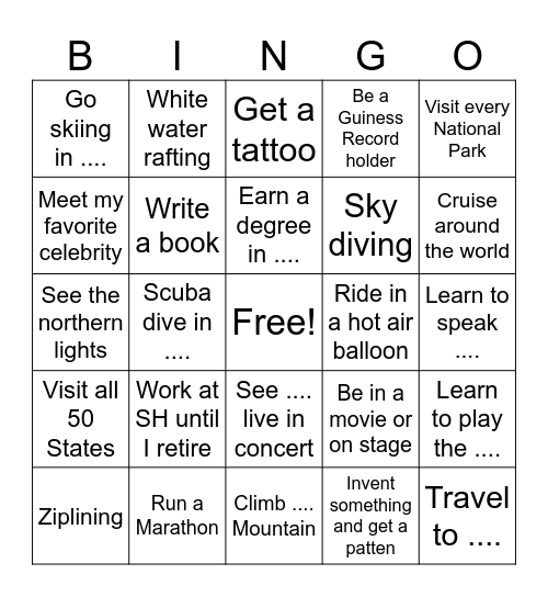 My Bucket List Bingo Card