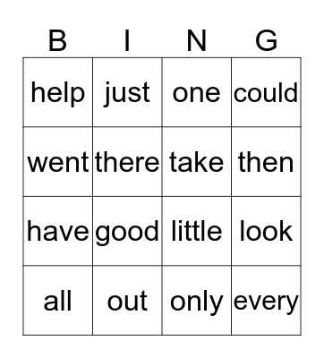 Kindergarten Sight Words Bingo Card