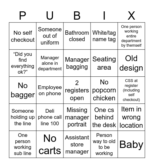Publix Bingo Card