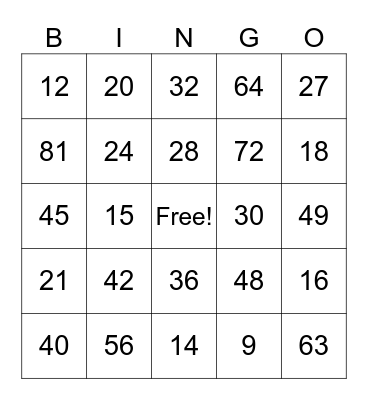Multiplication Bingo! Bingo Card