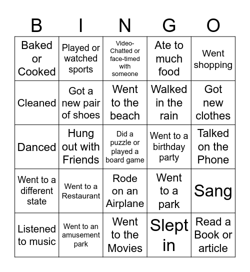 What did you do over break? Bingo Card