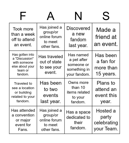 Fandom Bingo Card