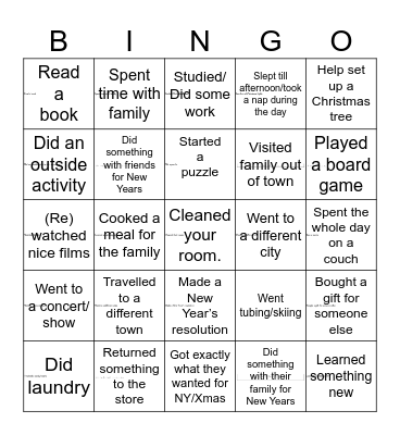 Winter Break Bingo Card