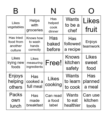 Nutrition Bingo Card