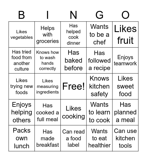 Nutrition Bingo Card