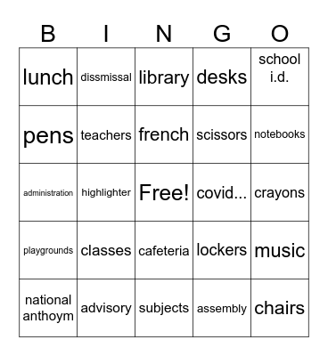 school Bingo Card