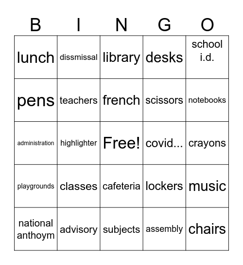 school Bingo Card