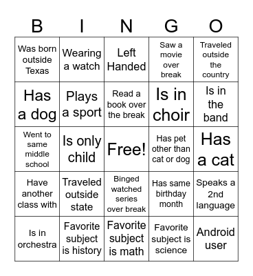 Back from Break Bingo Card