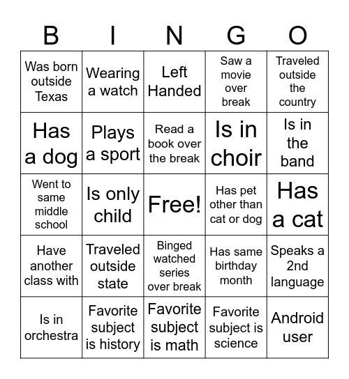 Back from Break Bingo Card