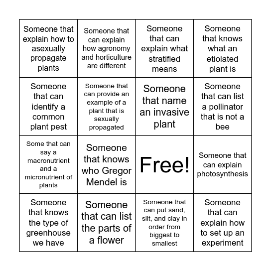 Ms. Sumner's Plant Science BINGO Card