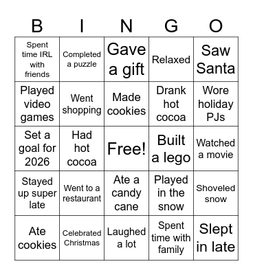 Winter Break Bingo Card