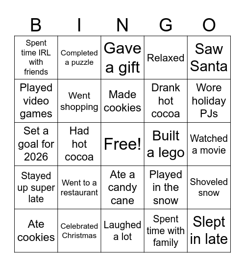 Winter Break Bingo Card