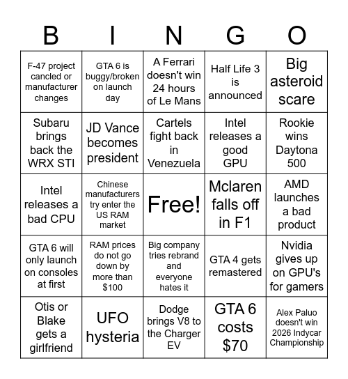 2026 Bingo Card Bingo Card