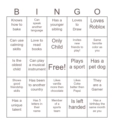Write the person's name in applicable box. Bingo Card