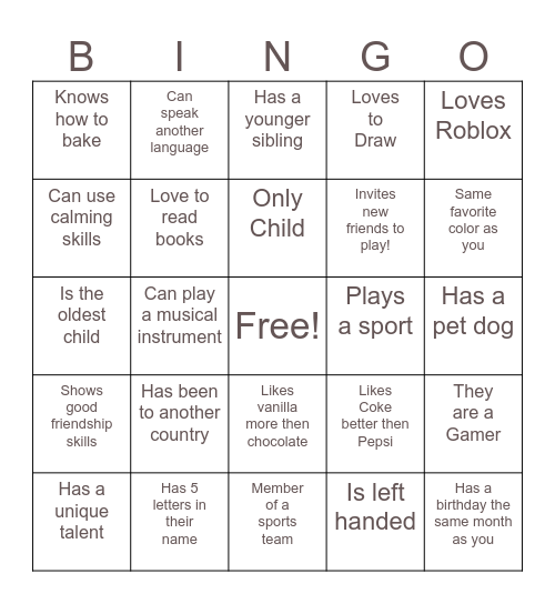 Write the person's name in applicable box. Bingo Card