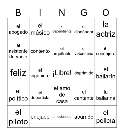 Vocabulario 5 Bingo Card