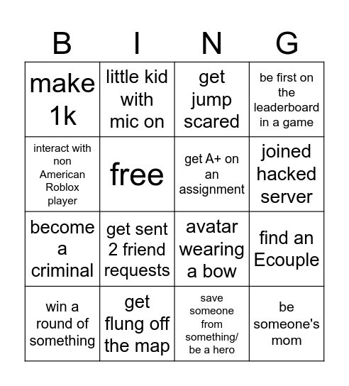 Roblox bingo Card