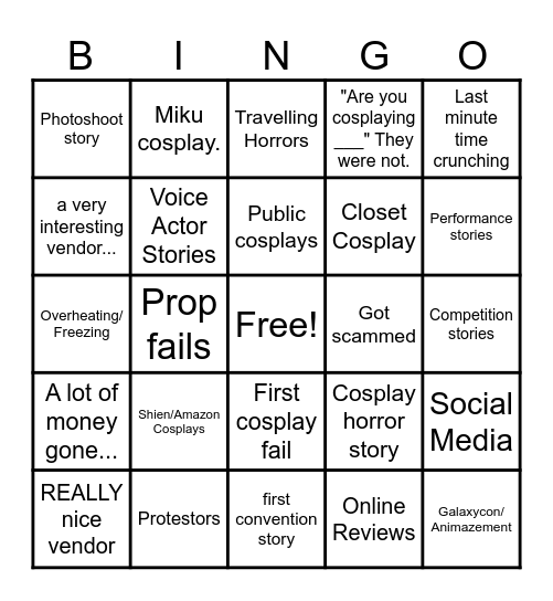 Cosplay Bingo Card