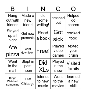 Winter Break Bingo Card