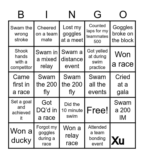 Swimmer Bingo Card
