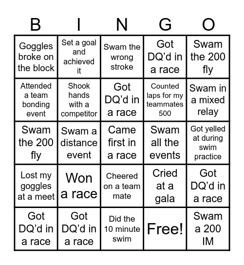 Swimmer Bingo Card