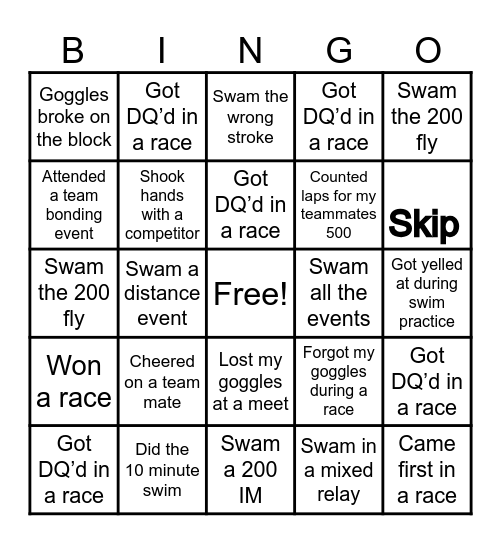Swimmer Bingo Card