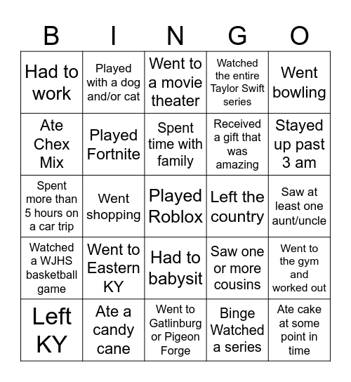 Over winter break...Find someone who.... Bingo Card