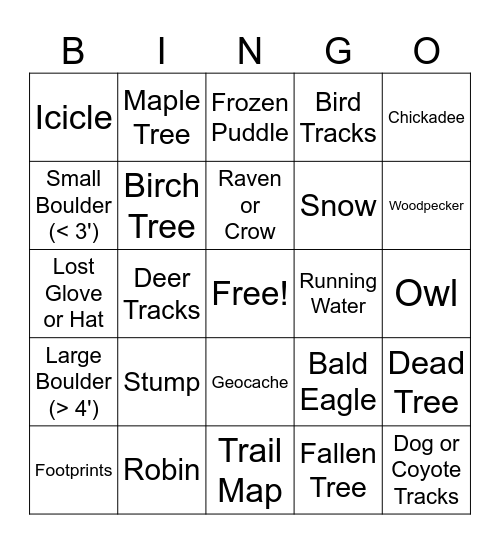 Ohio Winter Hiking Bingo Card