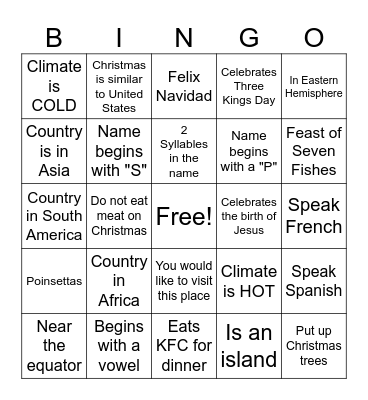 Christmas Around the World Bingo Card