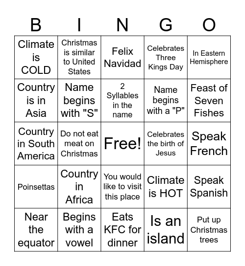 Christmas Around the World Bingo Card