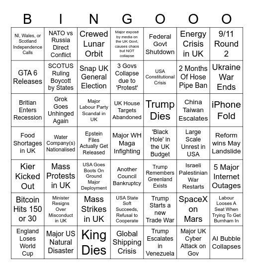 2026 UK AND WORLD NEWS BINGO Card