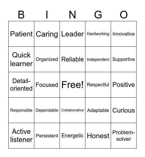 Transferrable Skills BINGO Card