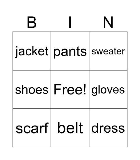 Clothes Bingo Card