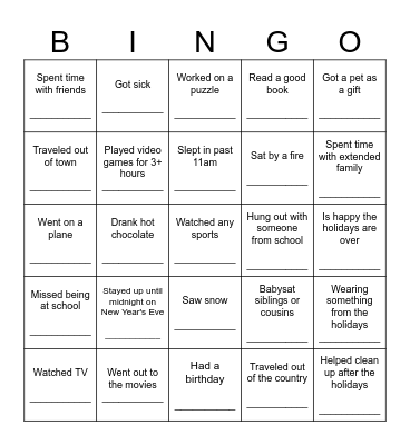 Welcome Back Bingo Card