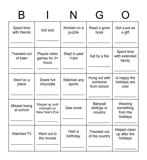 Welcome Back Bingo Card