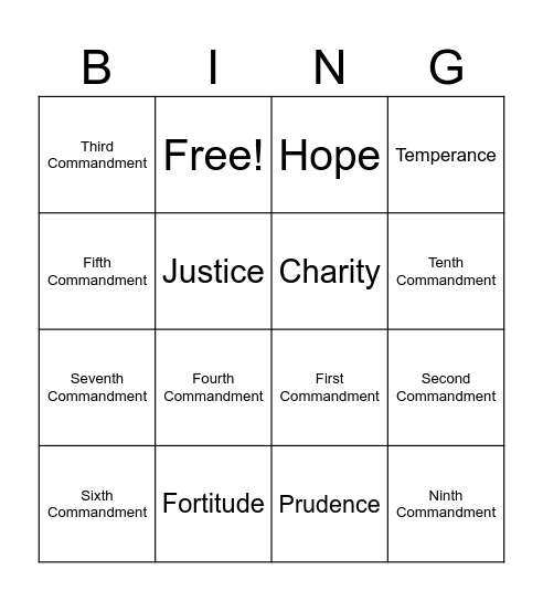 The Ten Commandments & Seven Virtues Bingo Card