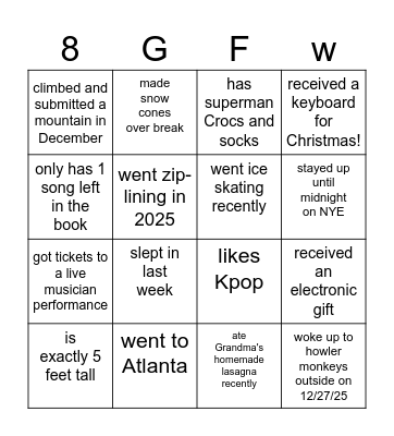 Find someone who (8th): Bingo Card