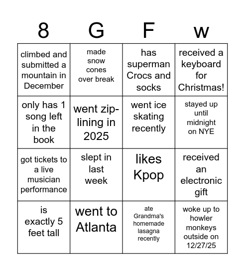 Find someone who (8th): Bingo Card