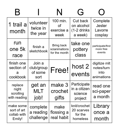 2026 goals Bingo Card