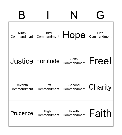 The Ten Commandments & Seven Virtues Bingo Card