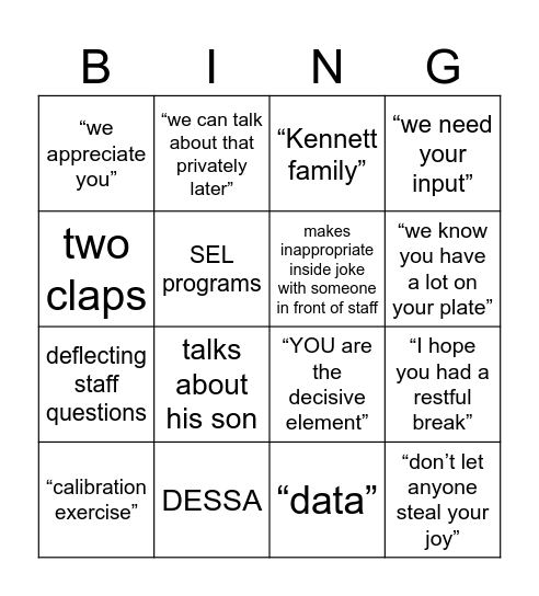 faculty meeting bingo Card