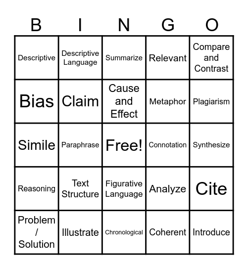 Bingo Words 26 - 50 Bingo Card