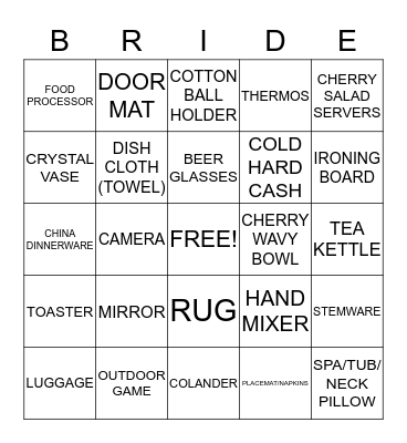 Sara's Bridal Gift Registry Bingo Card