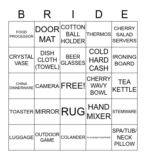 Sara's Bridal Gift Registry Bingo Card