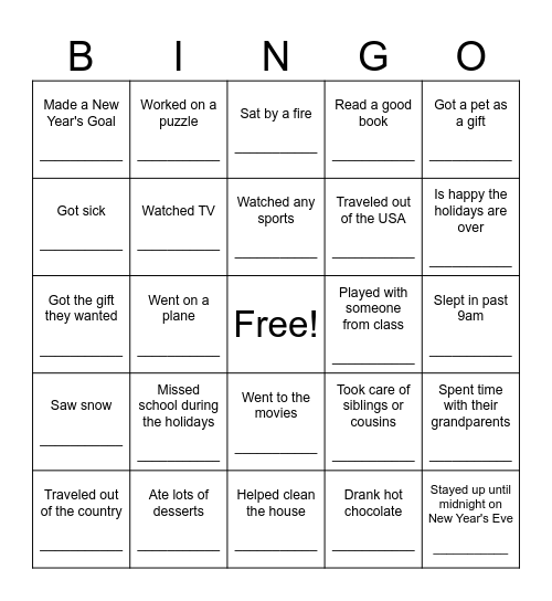 New Year Bingo Card
