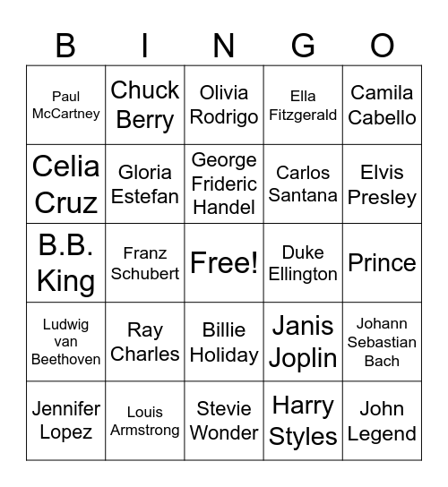 Musician Bingo Card
